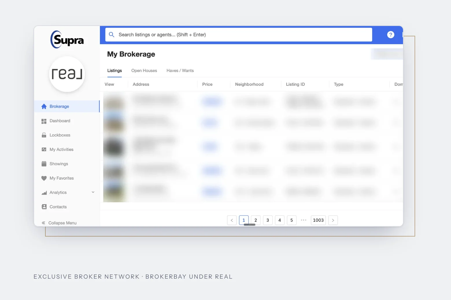 BrokerBay under Real, with listing details blurred