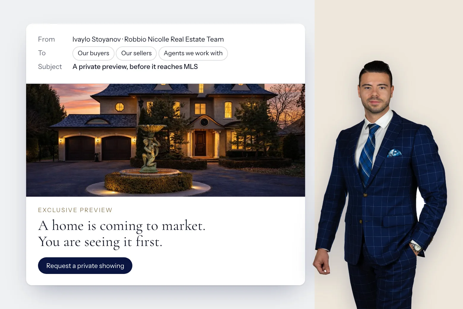 A private preview email from Ivaylo to buyers, sellers and agents